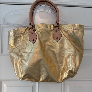 J. Crew Metallic Gold Tote Bag with Tan Handles
